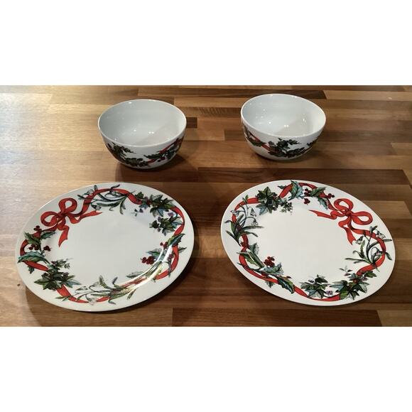 2 Brylane Home Christmas JOLLY TIME Salad Cereal Bowls/2 Salad Plates Ribbon - Picture 6 of 9
